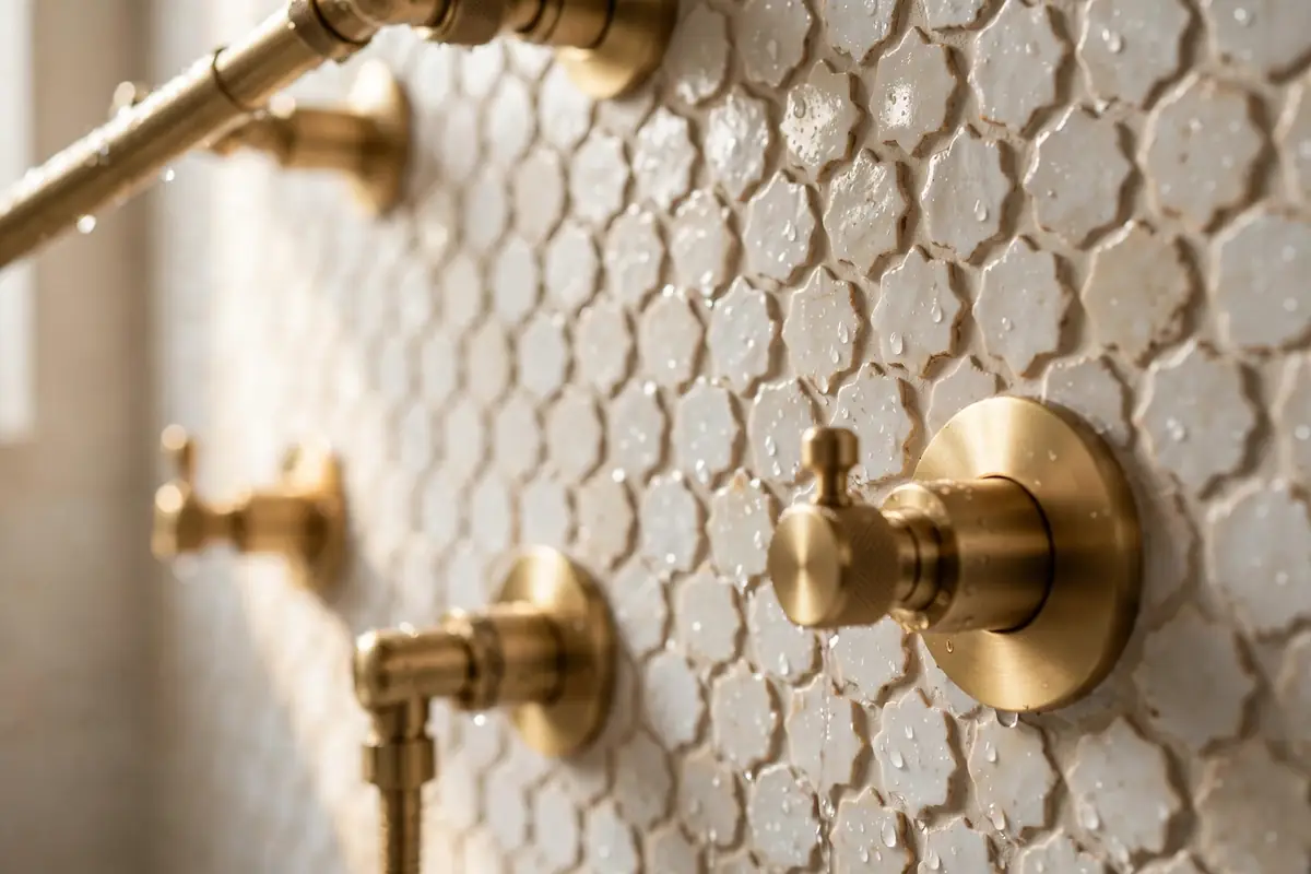 Finished walk-in shower with large-format tile and brass fixtures