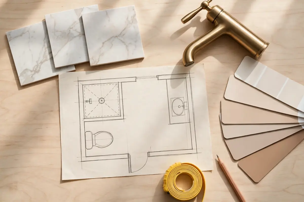 Bathroom design planning with tile samples, brass faucet, and floor plan sketches